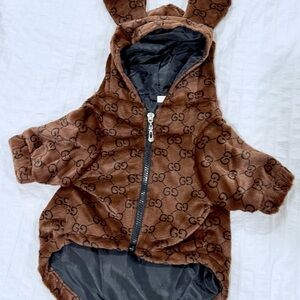 Brown Hooded Dog Jacket with Ears sz 12-16lbs